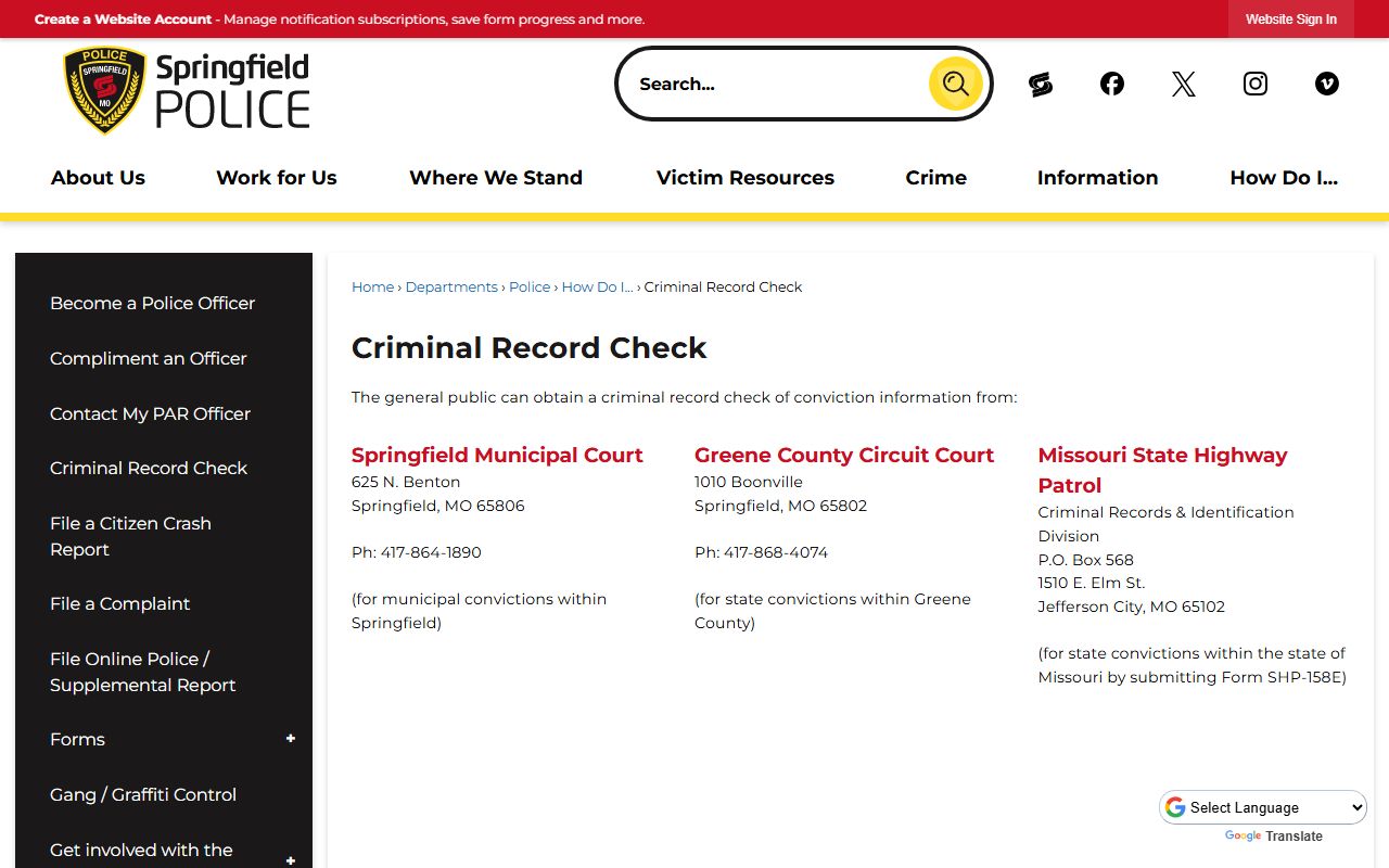 Springfield criminal record check page for Springfield 24 hour booking records