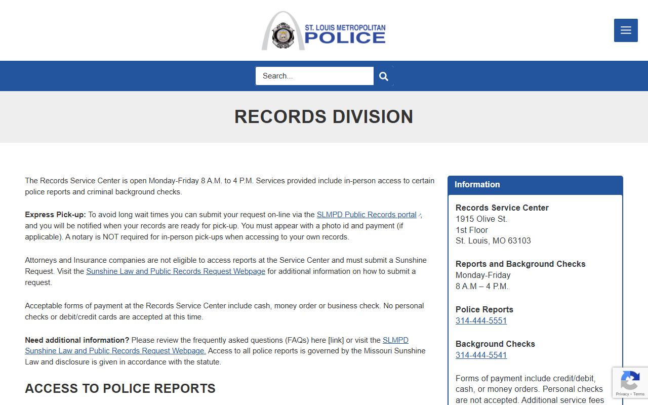 St. Louis Metropolitan Police Department records page for St. Louis 24 hour booking
