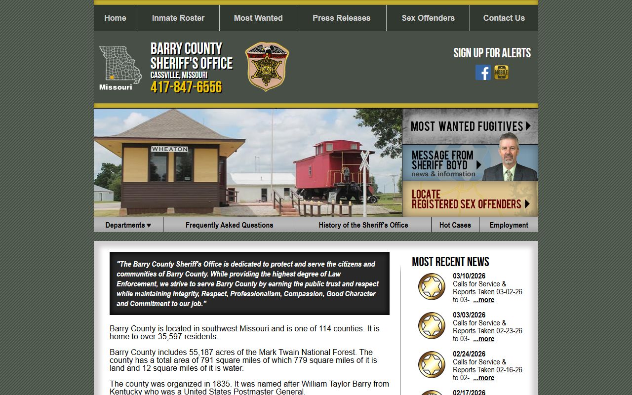 Barry County Sheriff's Office website for 24 hour booking records in Cassville Missouri
