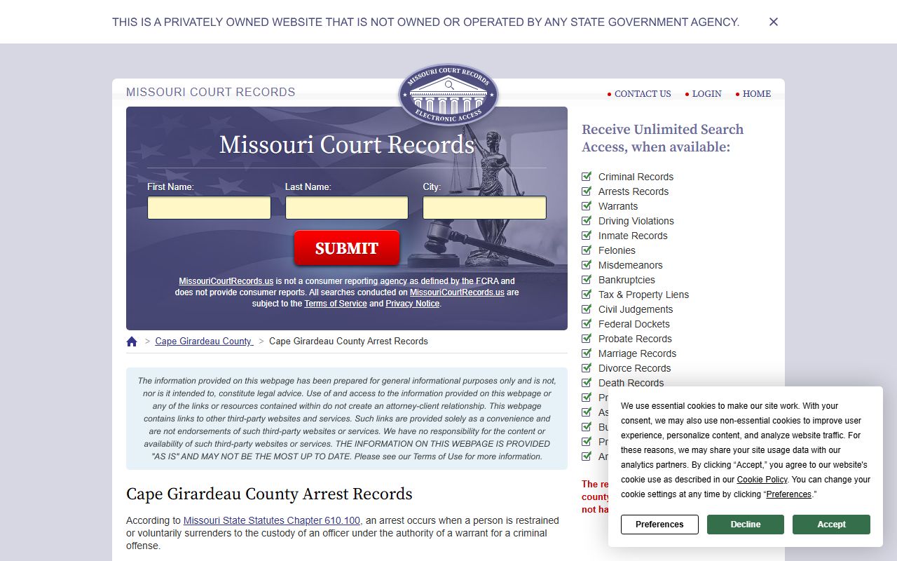 Cape Girardeau County arrest records search page for 24 hour booking data in Missouri