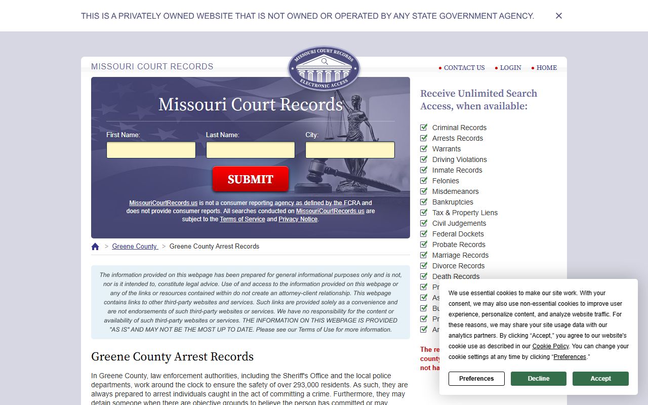 Greene County Missouri 24 hour booking arrest records and statistics