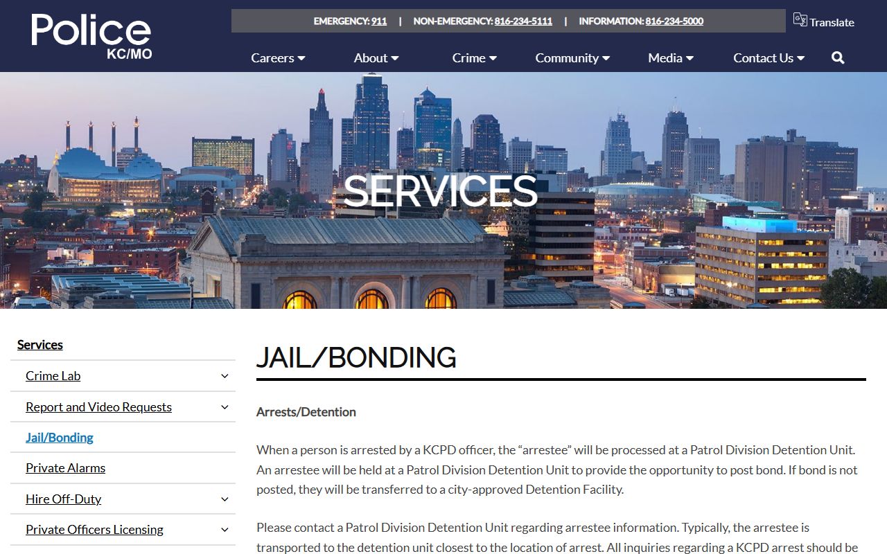 Kansas City Police Department jail and bonding for Jackson County 24 hour booking