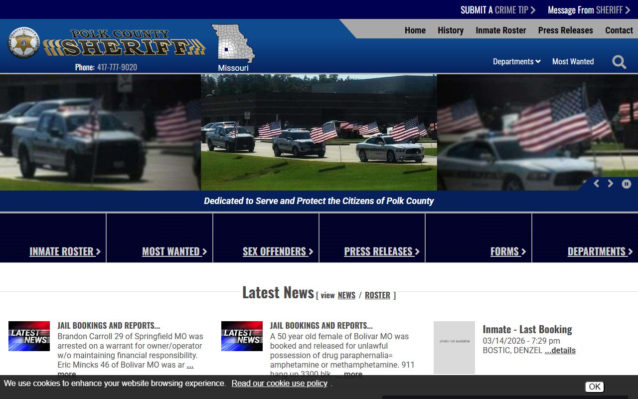 Polk County Sheriff's Office website showing 24 hour booking and latest jail bookings