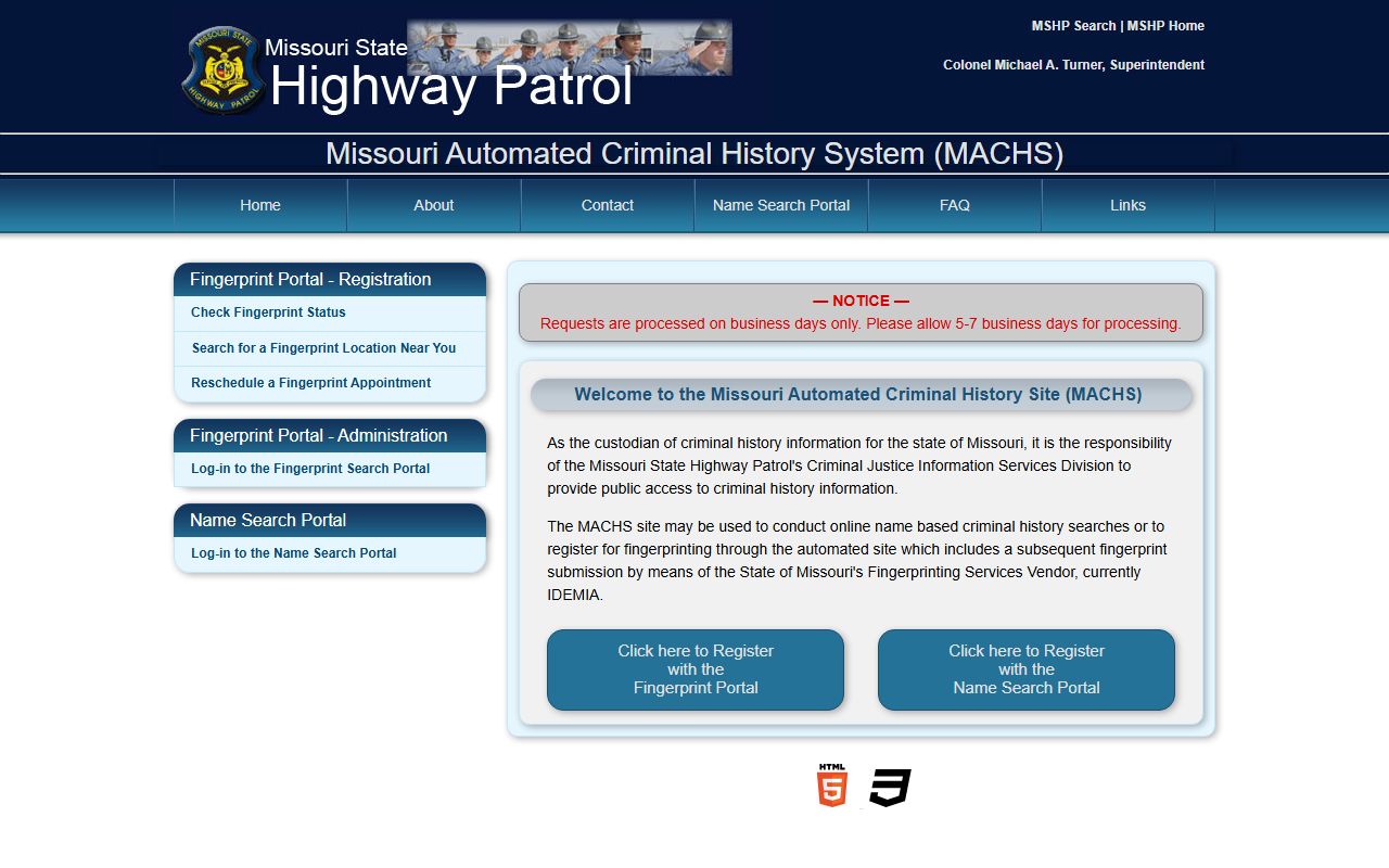 MACHS criminal history portal for Missouri 24 hour booking searches