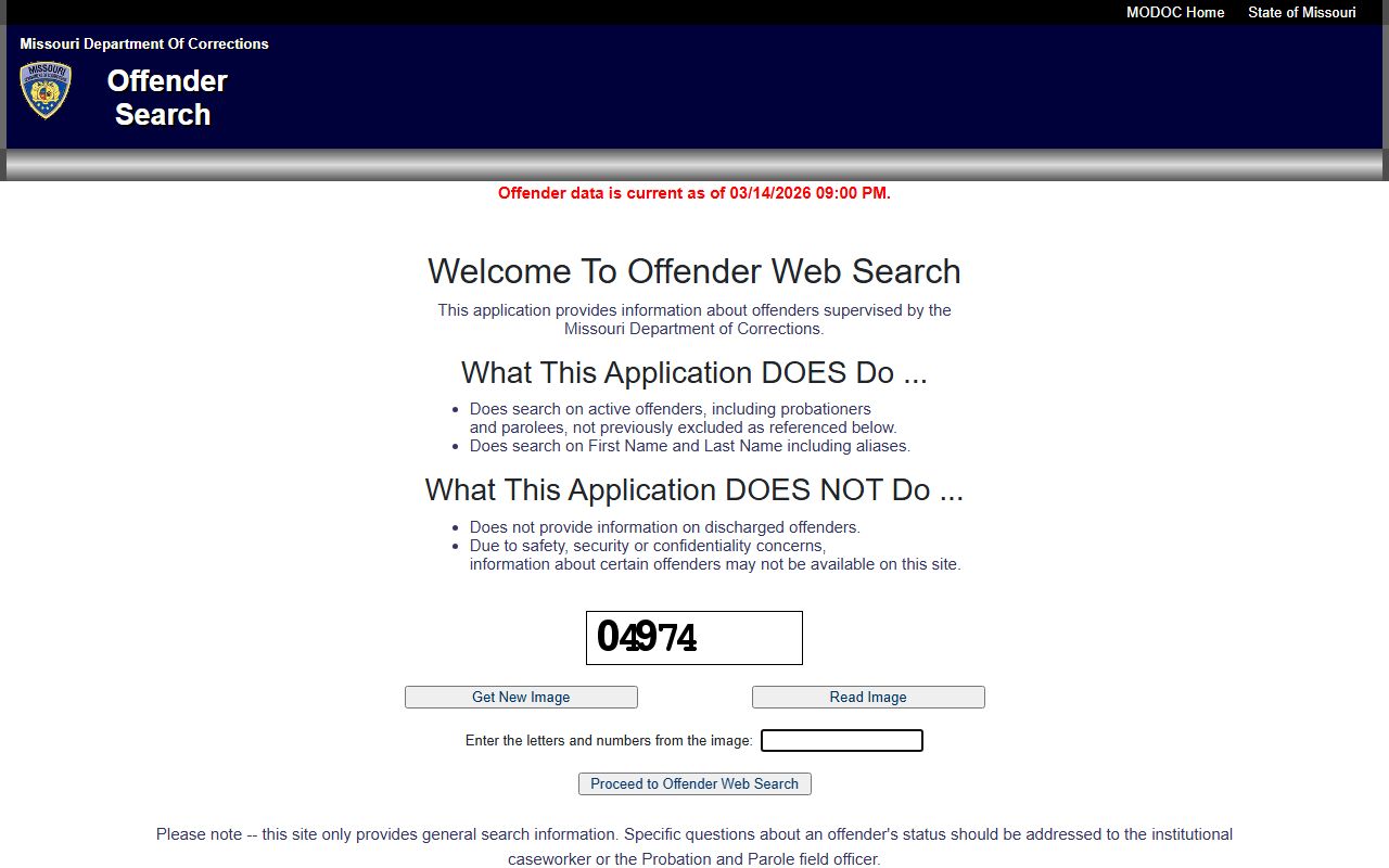Missouri MODOC offender search portal for 24 hour booking records