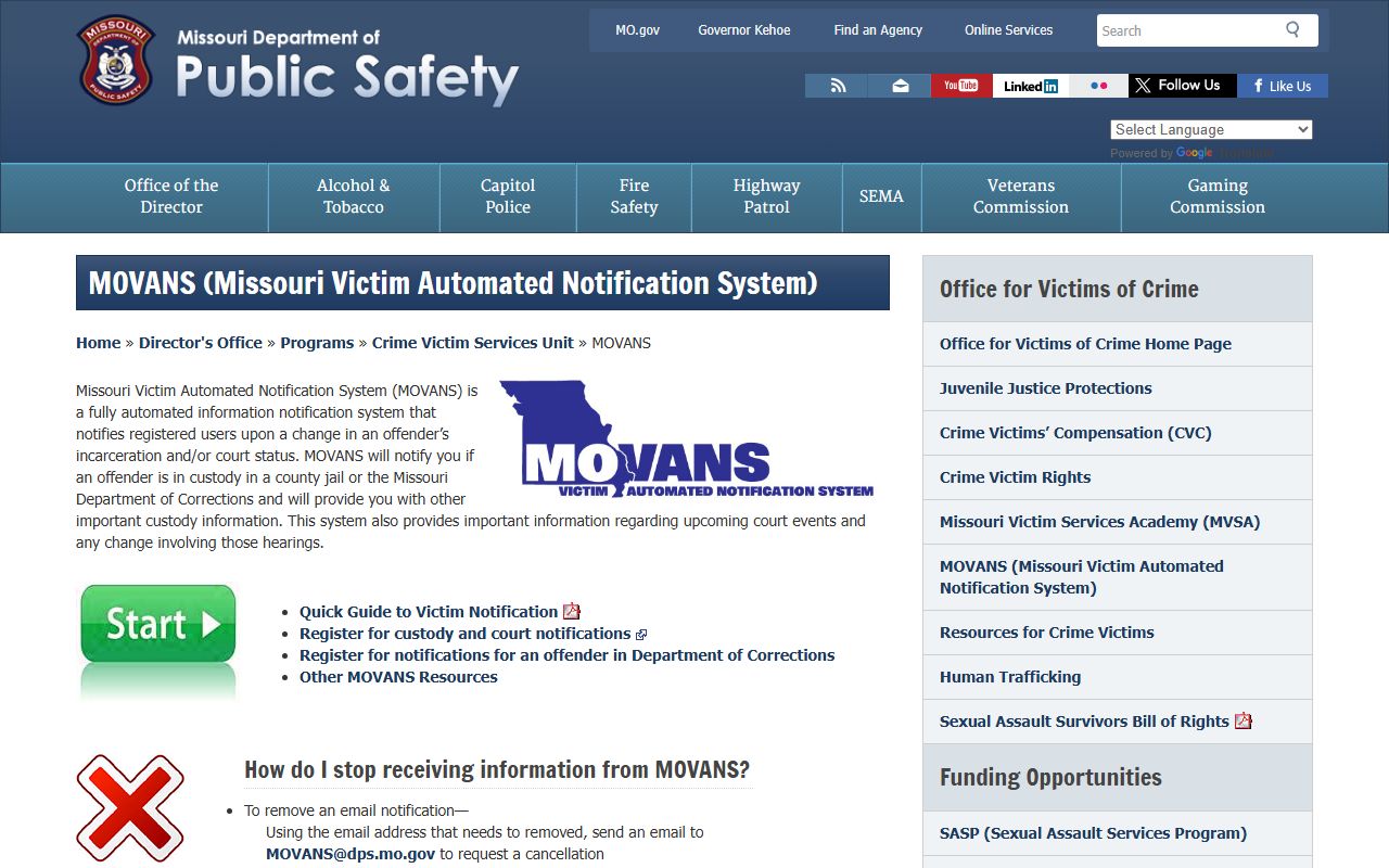 MOVANS victim notification system for Missouri 24 hour booking alerts