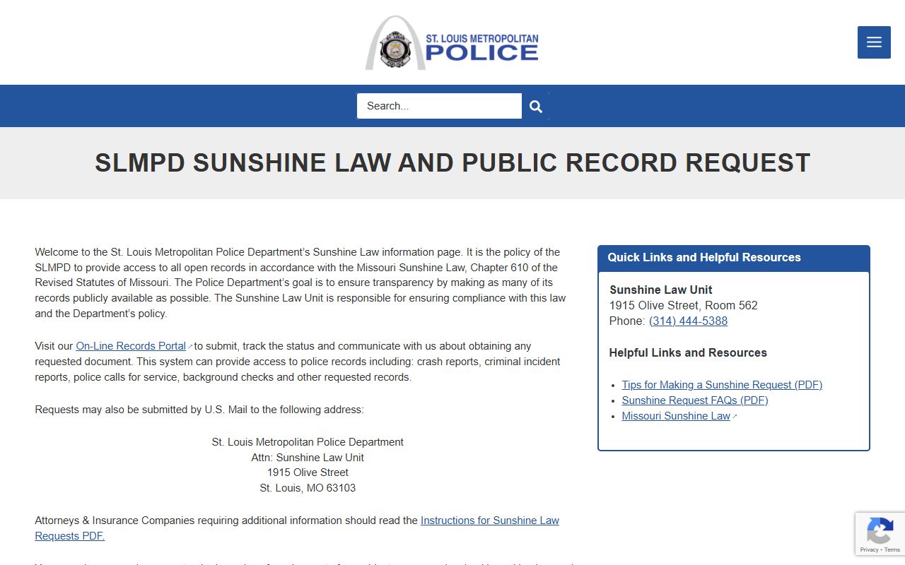St. Louis Police Department Sunshine Law portal for booking record requests